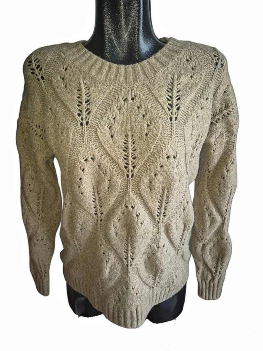 Denver Hayes Light Brown Pointelle Open Knit Crew Neck Sweater Size S